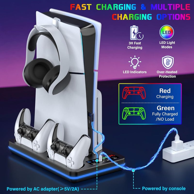 DBEPANK for PS5/PS5 Slim Stand and Cooling Station with Controller Charging Station for PlayStation 5 Slim&Standard Disc/Digital Console,10 LED Light for PS5 Cooler Accessories 3 Levels Cooling Fan, Black - Image 2